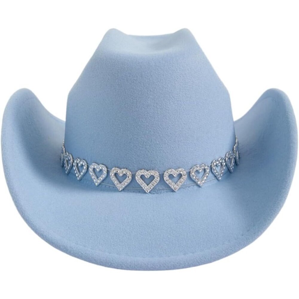 Verdusa Women Blue 100% Polyester Rhinestone Diamond Chain Band Cowboy Felt Hat